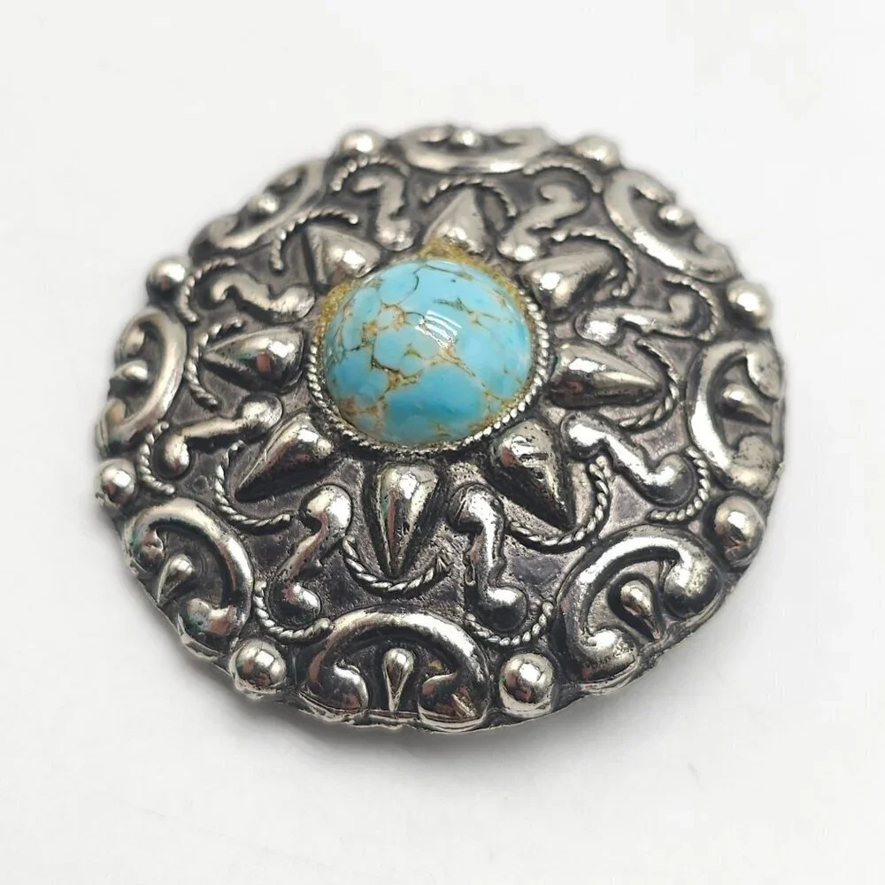 Vintage Silver Tone Medallion Brooch With Faux Turquoise Glass Cabochon
